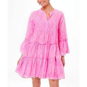 Juliet Dunn Tuckernuck Pink Print Orchid Small Flower Flared Sleeve Cotton Dress
